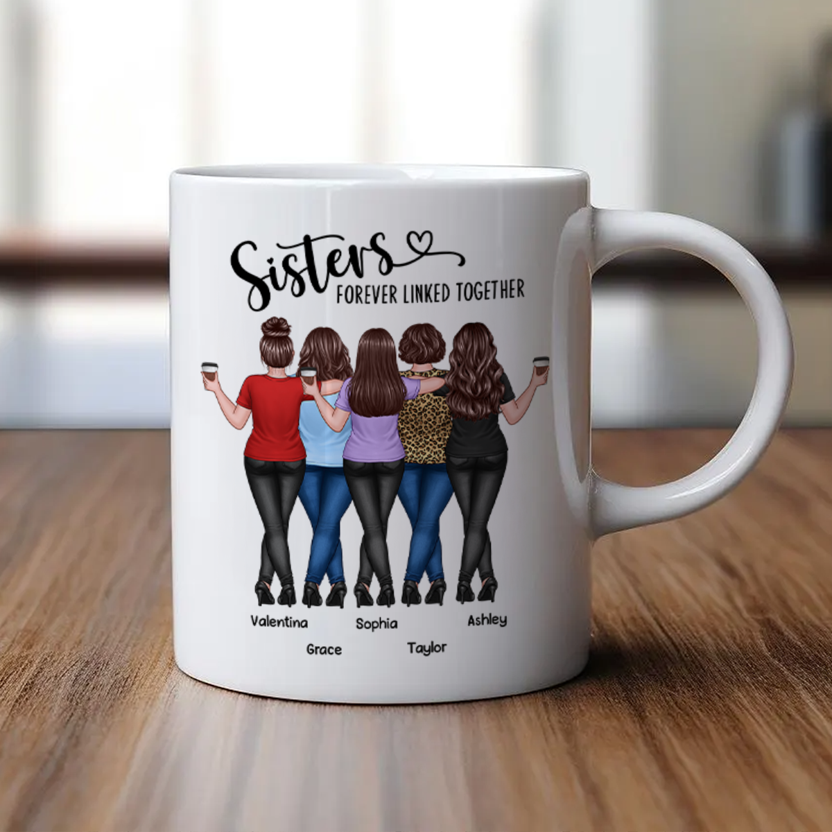 Back View Sisters Walking Forever Linked Together Personalized Mug, Gift For Sisters, Siblings