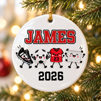 Soccer Things 2D Flat - Personalized Ceramic Ornament – Custom Name Soccer Christmas Keepsake Gift for Player, Son, Daughter, Teen & Soccer Fan