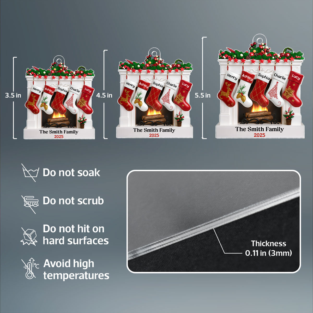 Fireplace Stocking Family Personalized Christmas Ornament, 3D Effect Ornament, Custom Family Name