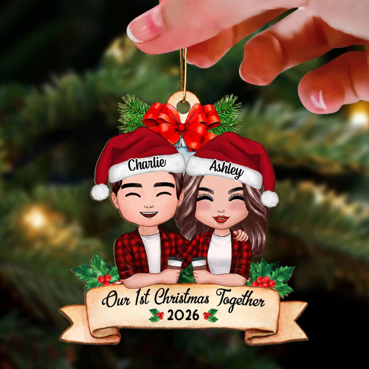Our First Christmas Couple Holding Drink Personalized Wooden Ornament