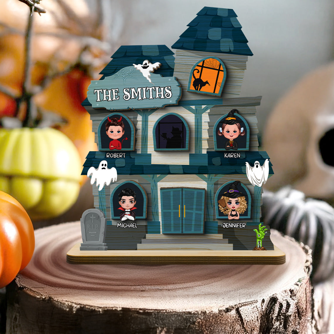 Halloween Spooky House Family Tabletop Tiered Tray Decor Personalized 2-Layer Wooden Stand