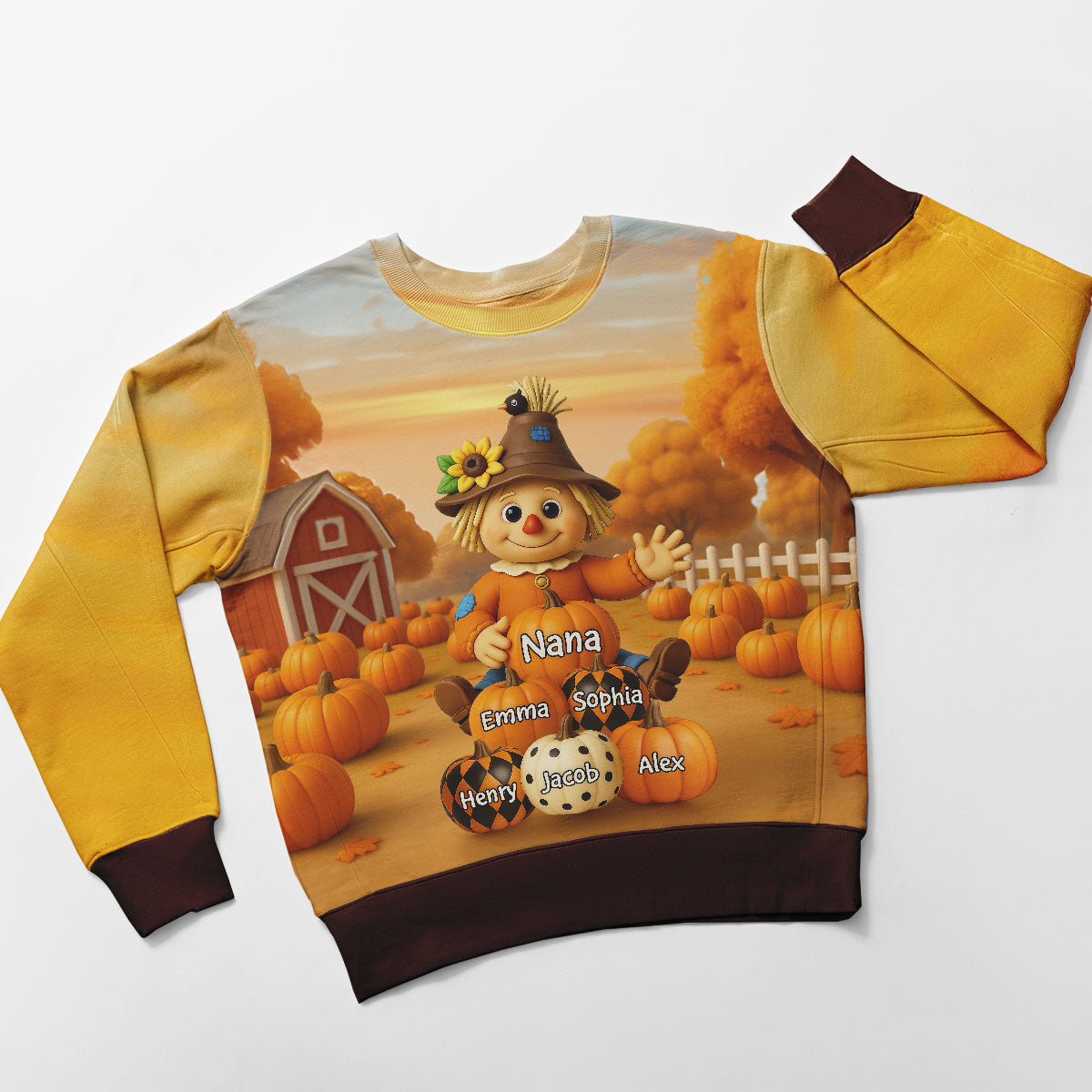 Fall Season Grandma Scarecrow Grandkids Pumpkins 3D Effect Personalized Sweatshirt