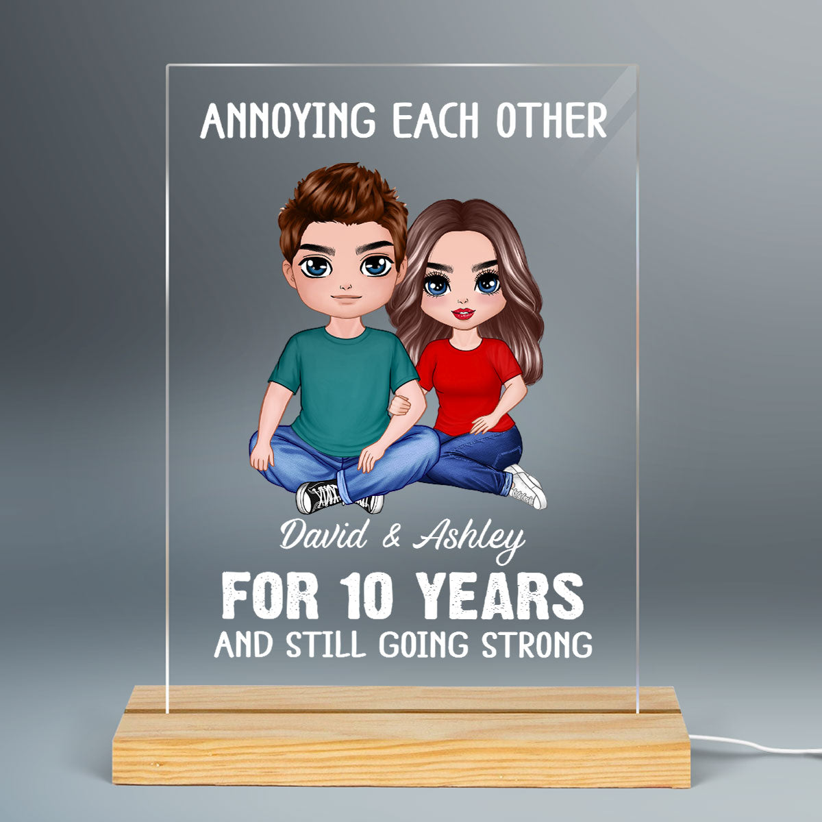 Annoying Each Other Embracing Doll Couple Sitting Personalized Rectangle Acrylic Plaque LED Lamp Night Light