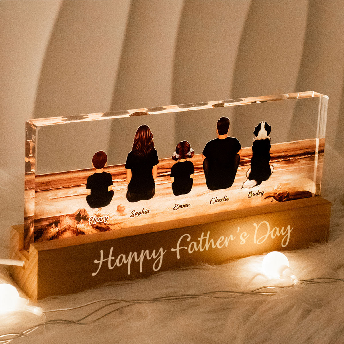 Family Sitting Retro Vintage Beach Landscape - Personalized Acrylic Block Plaque LED Night Light - Gift For Dad, Gift For Husband, Gift For Grandpa