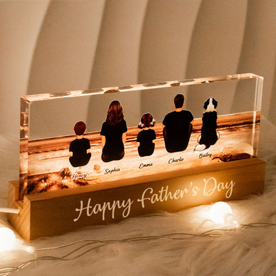 Family Sitting Retro Vintage Beach Landscape - Personalized Acrylic Block Plaque LED Night Light - Gift For Dad, Gift For Husband, Gift For Grandpa