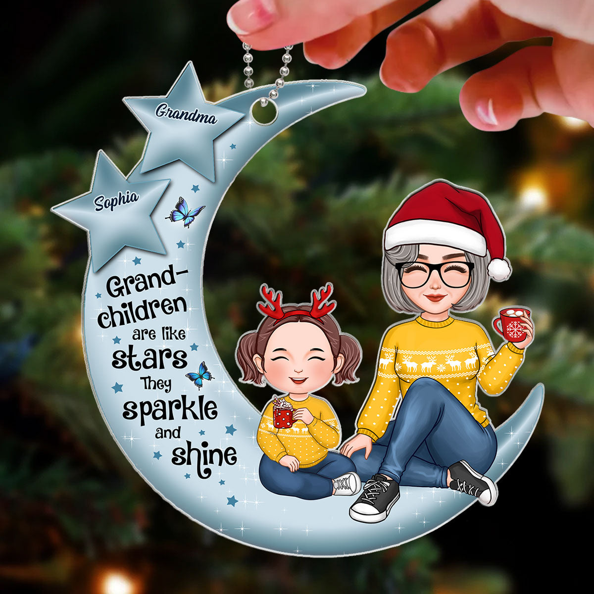Grandchildren Are Like Stars Grandma Grandkids Sitting On Blue Moon Personalized Acrylic Ornament
