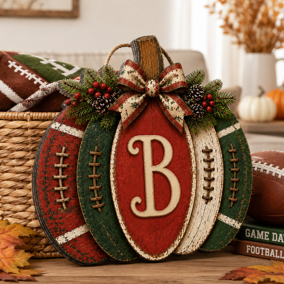 Pumpkin Football Family Initial - Personalized Door Hanger Sign - Rustic Front Porch Fall Decor