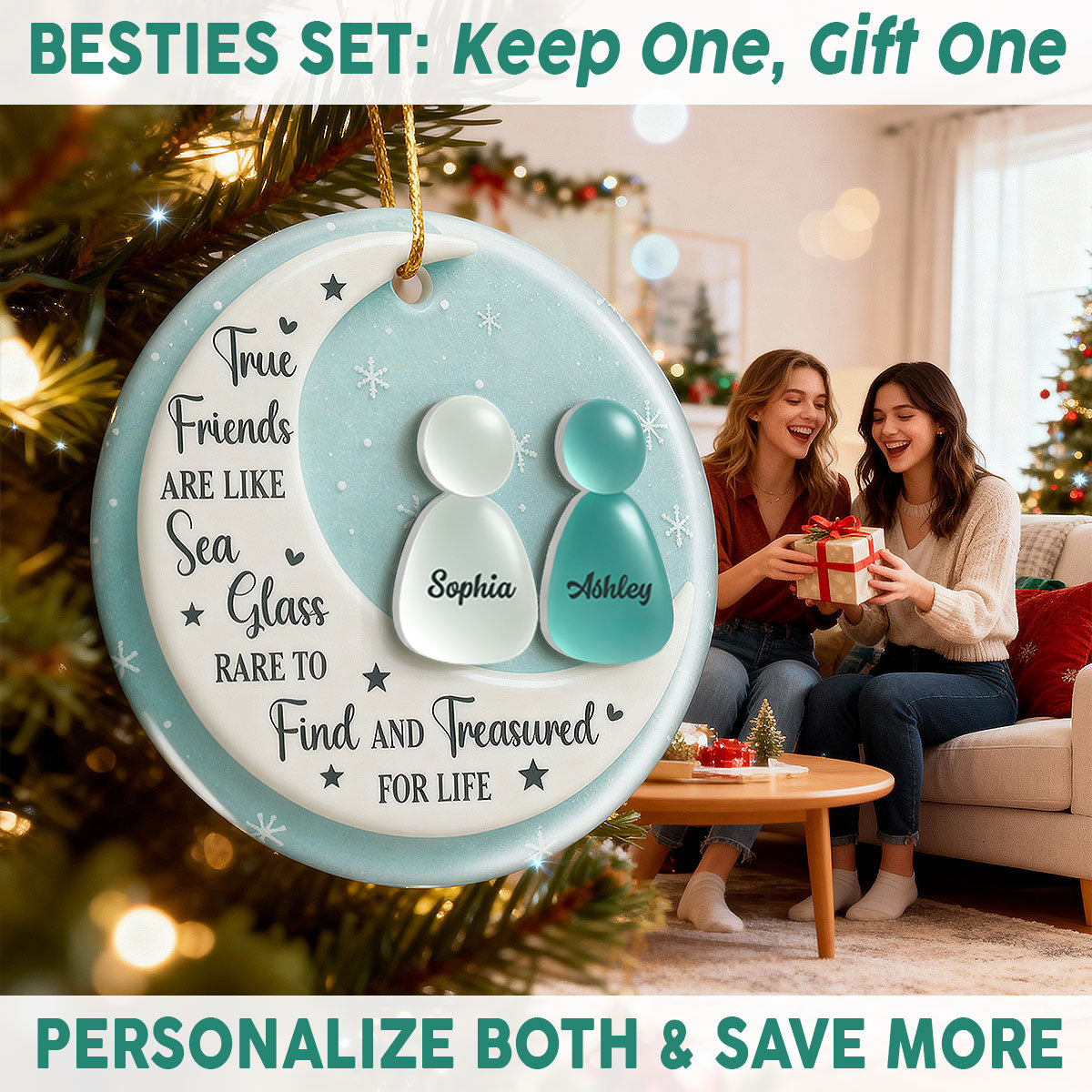 3D Sea Glass Effect Besties On Moon - Personalized Ceramic Ornament With Acrylic Pieces - Unique Gift For Best Friends