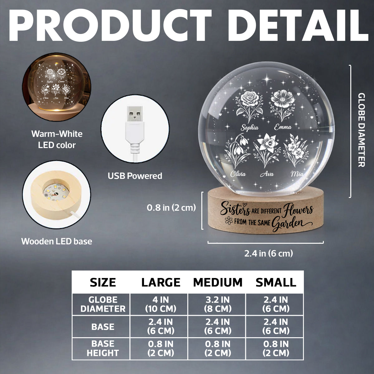 Sisters Are Different Flowers from the Same Garden - Personalized Crystal Ball LED Night Light - Christmas Gift for Sisters