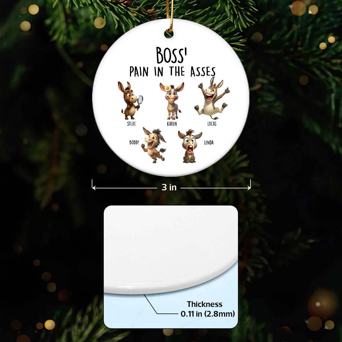 Boss Pain in the Asses, Funny Donkey Office Decoration - Personalized Ceramic Ornament - Custom Employee Gift Exchange, White Elephant Gift