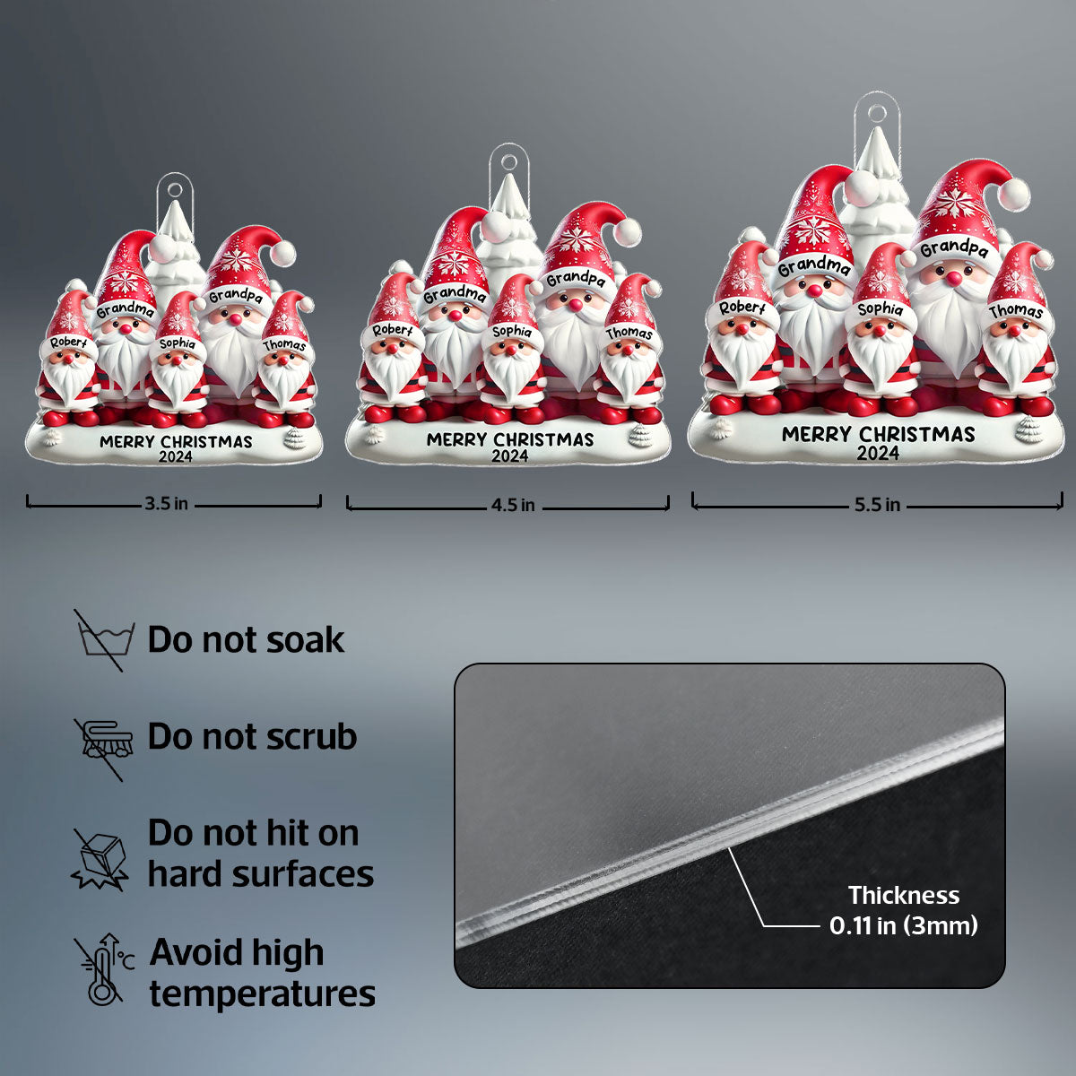 3D Effect Cute Gnome Grandparents Family Christmas Decor Personalized Acrylic Flat Ornament