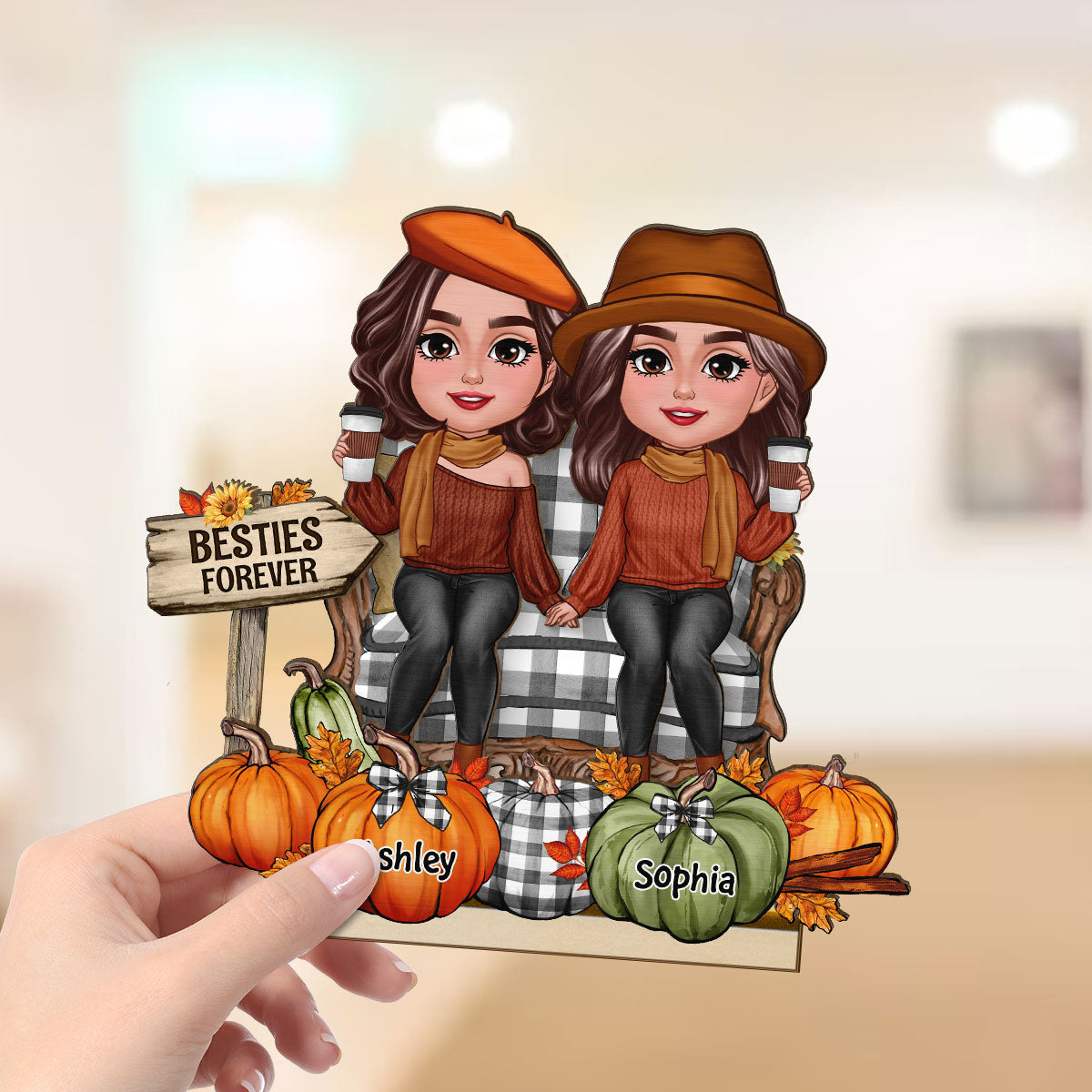 Fall Season Besties Sitting Pumpkins Personalized 2-Layer Standing Wooden Plaque| Fall Season Gift For Best Friends