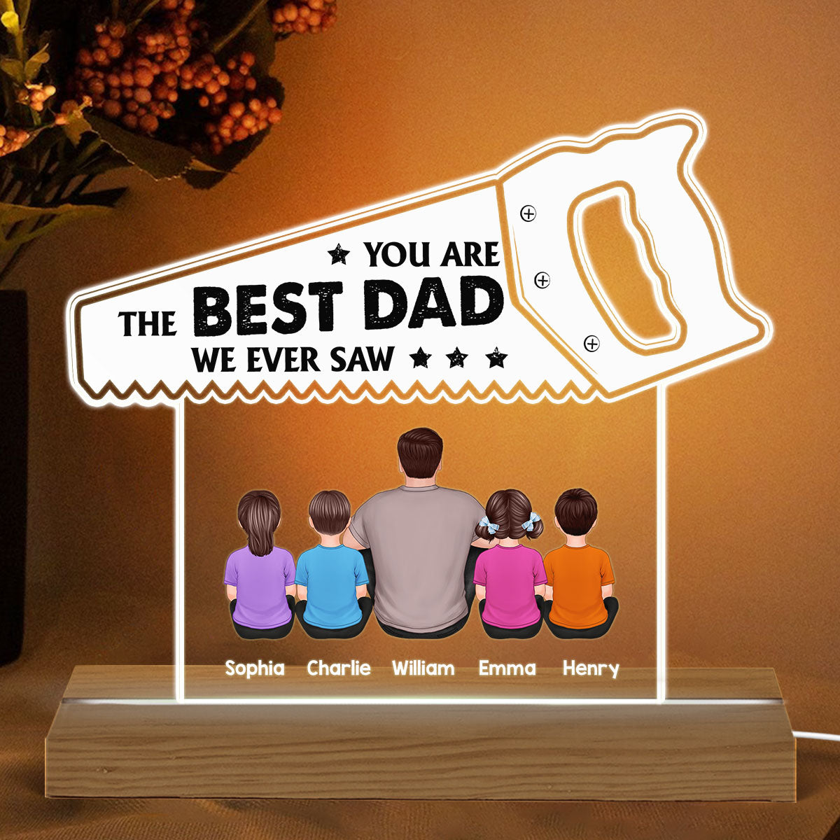 Best Dad We Ever Saw Back View Man Kids Dog Cat Father‘s Day Gift Personalized Warm Custom Shape Acrylic Plaque LED Night Light