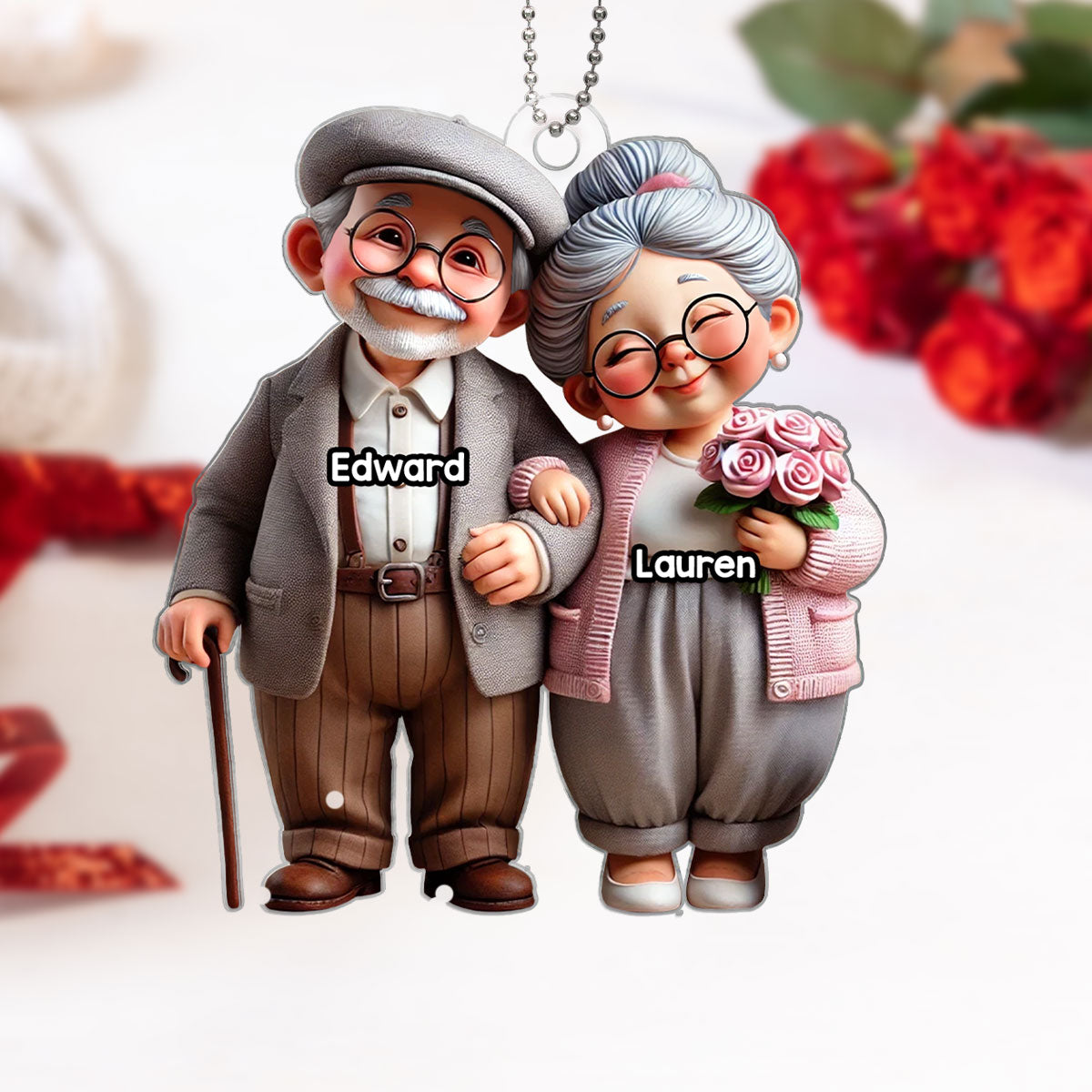 3D Effect Old Cartoon Couple Holding Hand Personalized Acrylic Car Hanger, Valentine's Day, Anniversary, Just Because Gift for him, for her