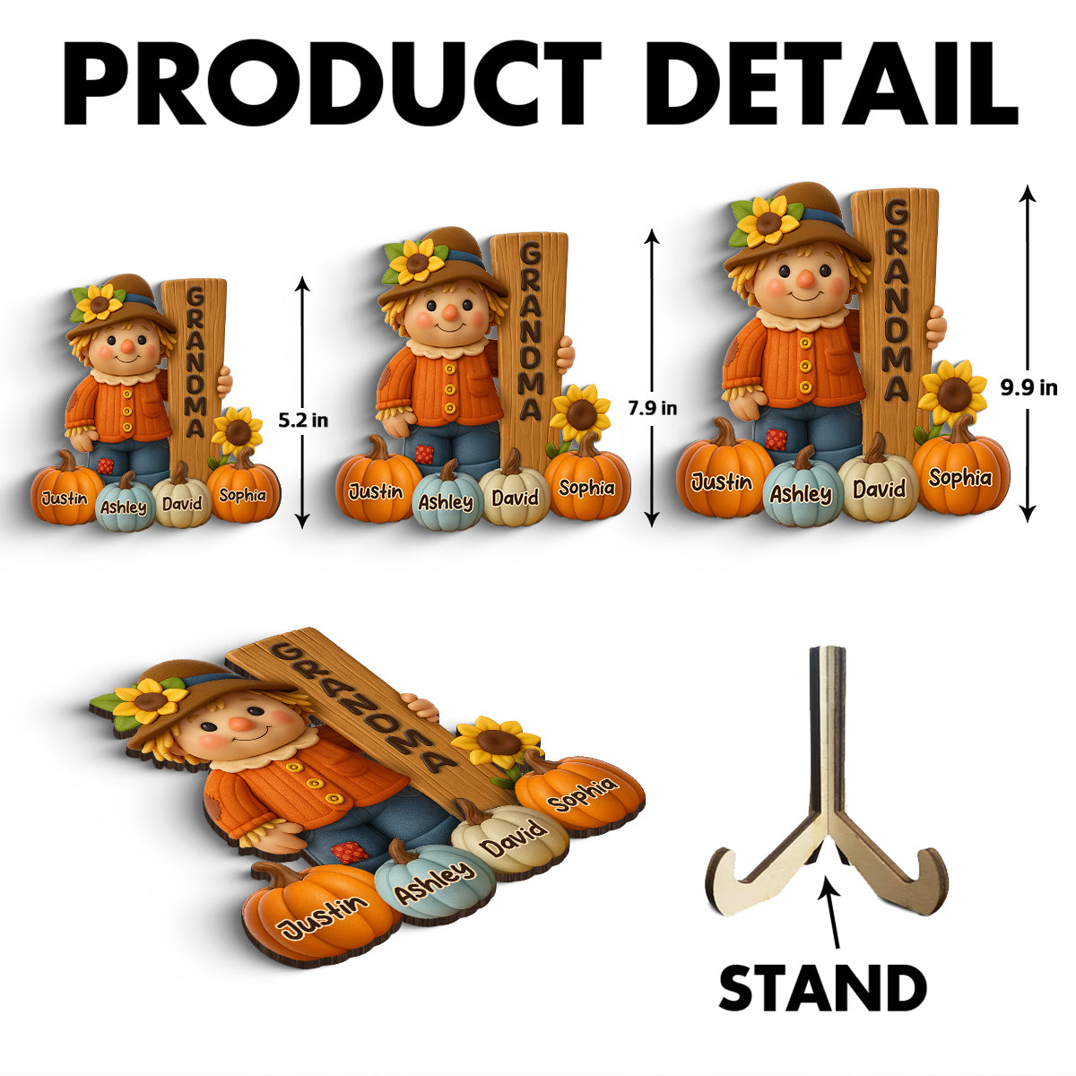 Grandma Scarecrow Standing Grandkids Pumpkins 3D Effect Personalized 2-Layer Wooden Plaque