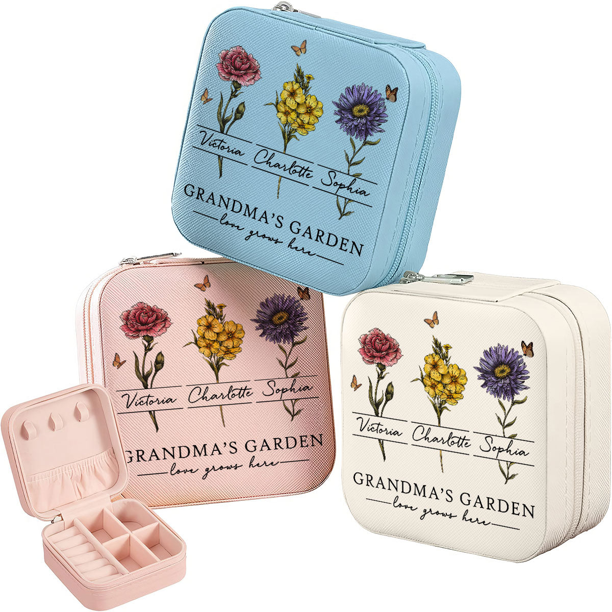 Vintage Grandma's Garden Love Grows Here Beautiful Birth Month Flower Personalized Jewelry Box, Gift For Grandma, Mom
