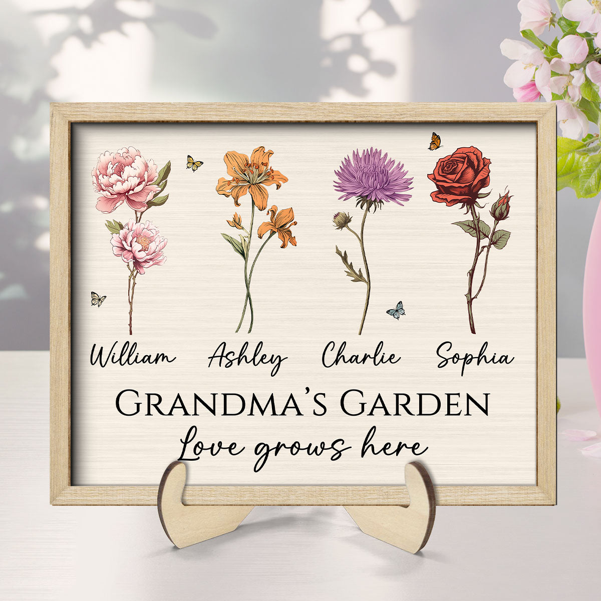 Vintage Birth Month Flowers Grandma Mom Garden Love Grows Here Mother‘s Day Gift Personalized 2-Layer Wooden Plaque