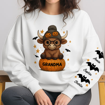 Halloween Highland Cow Grandma Personalized Sleeve Printed Sweatshirt