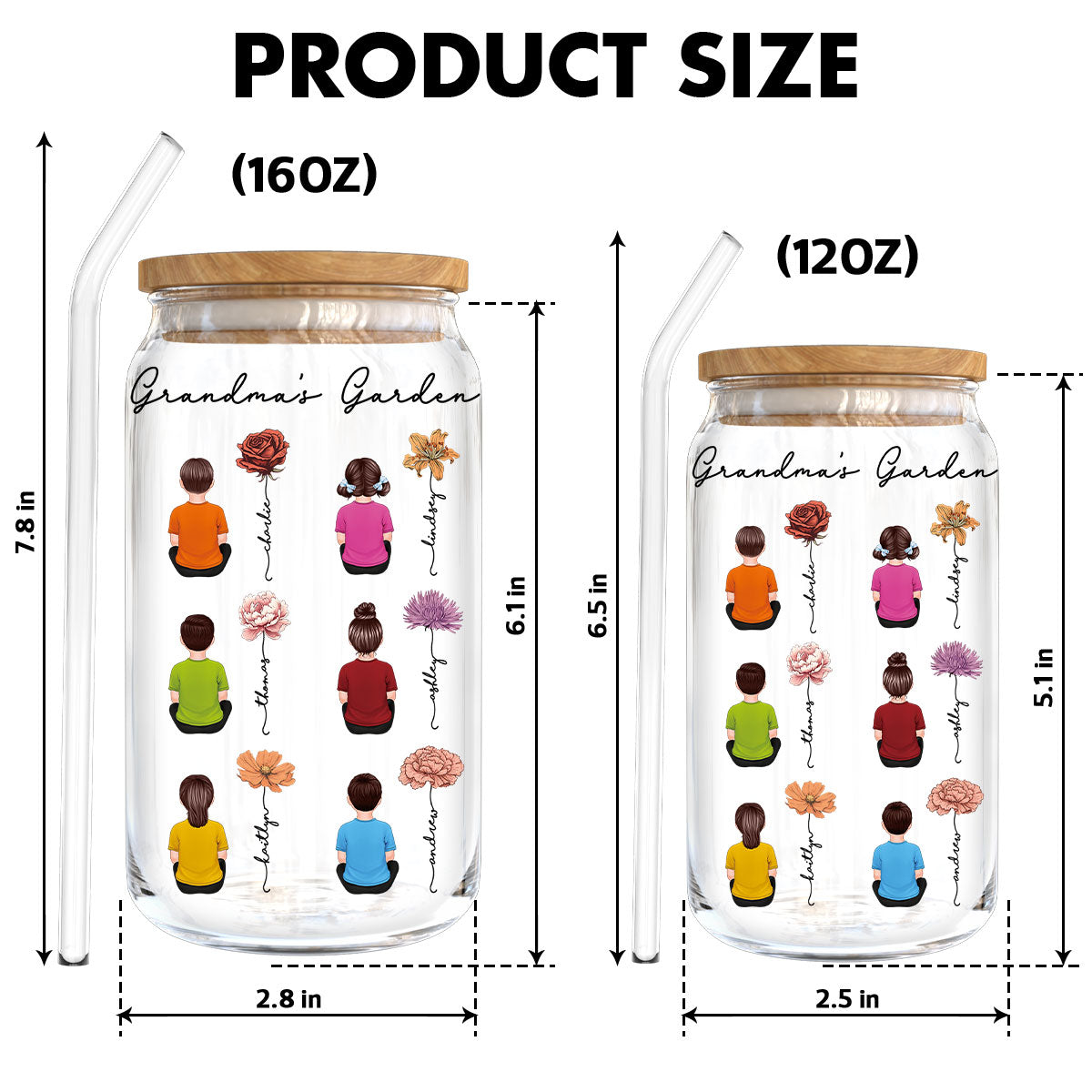 Grandkids Sitting Grandma Garden Vintage Birth Month Flowers Personalized Clear Glass Can