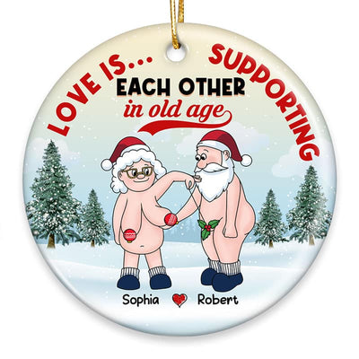 Funny Old Couple Love Is Supporting In Old Age Christmas Personalized Circle Ornament