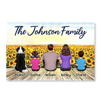 Family Sitting Back View Sunflower Field Dad Mom Kids Dog Cat Personalized Horizontal Poster