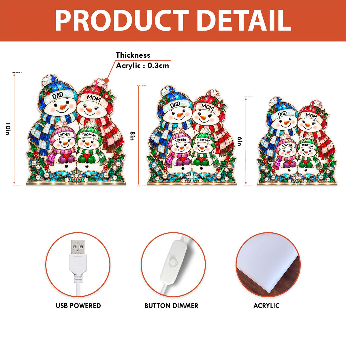 Cute Snowman Grandparents & Grandkids Stained Glass Style 2D Flat Printed - Personalized Light Box - Christmas Decor For Family, Grandma, Grandpa