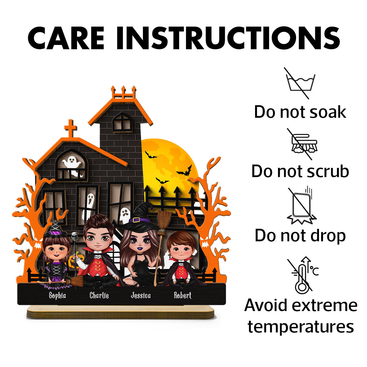 Halloween Family Sitting Haunted House Personalized 2-Layer Standing Wooden Plaque