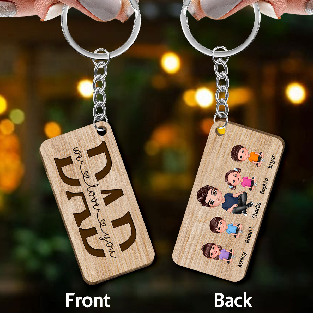 Best Dad Ever Sitting Doll Man & Kids Dog Cat Personalized Wooden Keychain