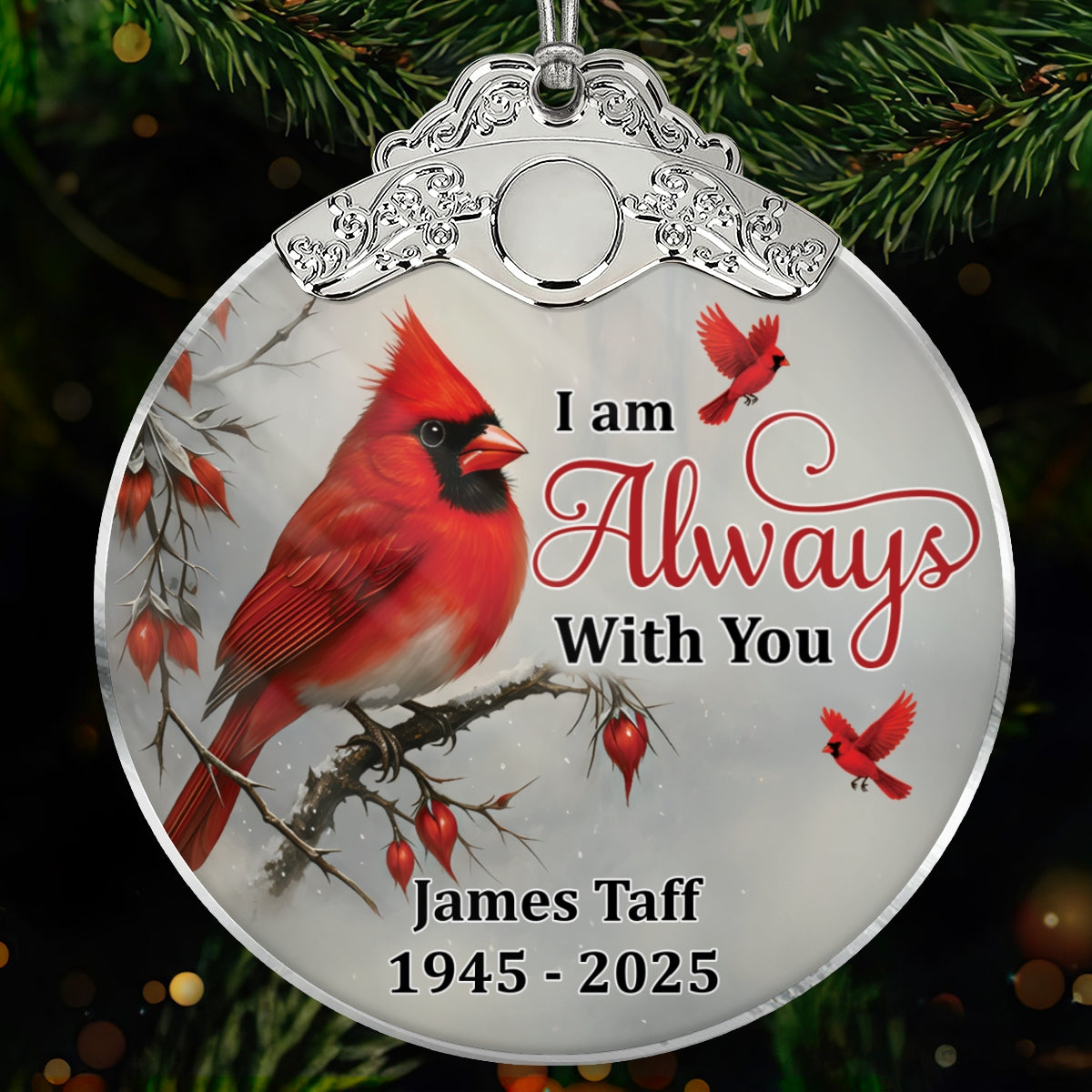 Winter Cardinal Always With You Christmas Memorial - Personalized Glass Ornament With Silver Cap