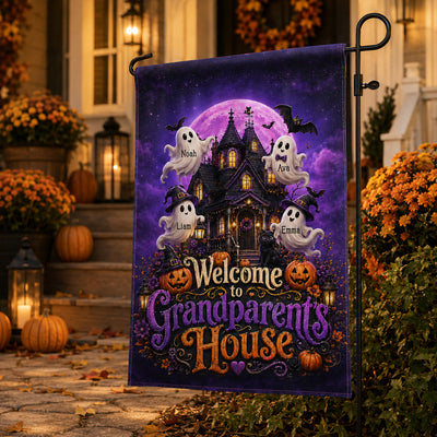 Welcome To Grandparent's House Boo Crew - Personalized Garden Flag - Halloween Decor Gift, Gift For Grandma Grandpa