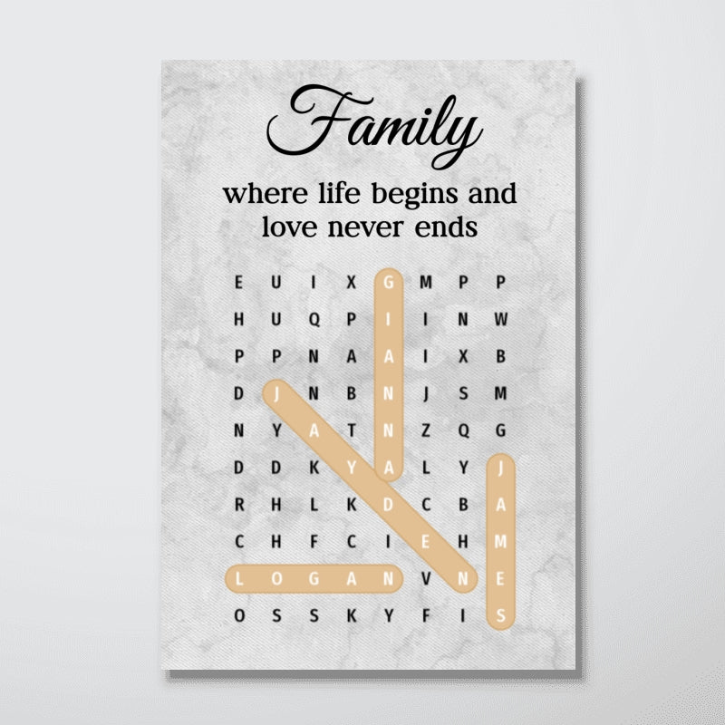 Family Where Life Begins And Love Never Ends Word Search Puzzle - Personalized Poster - Gift for Mom, Dad, Grandparents