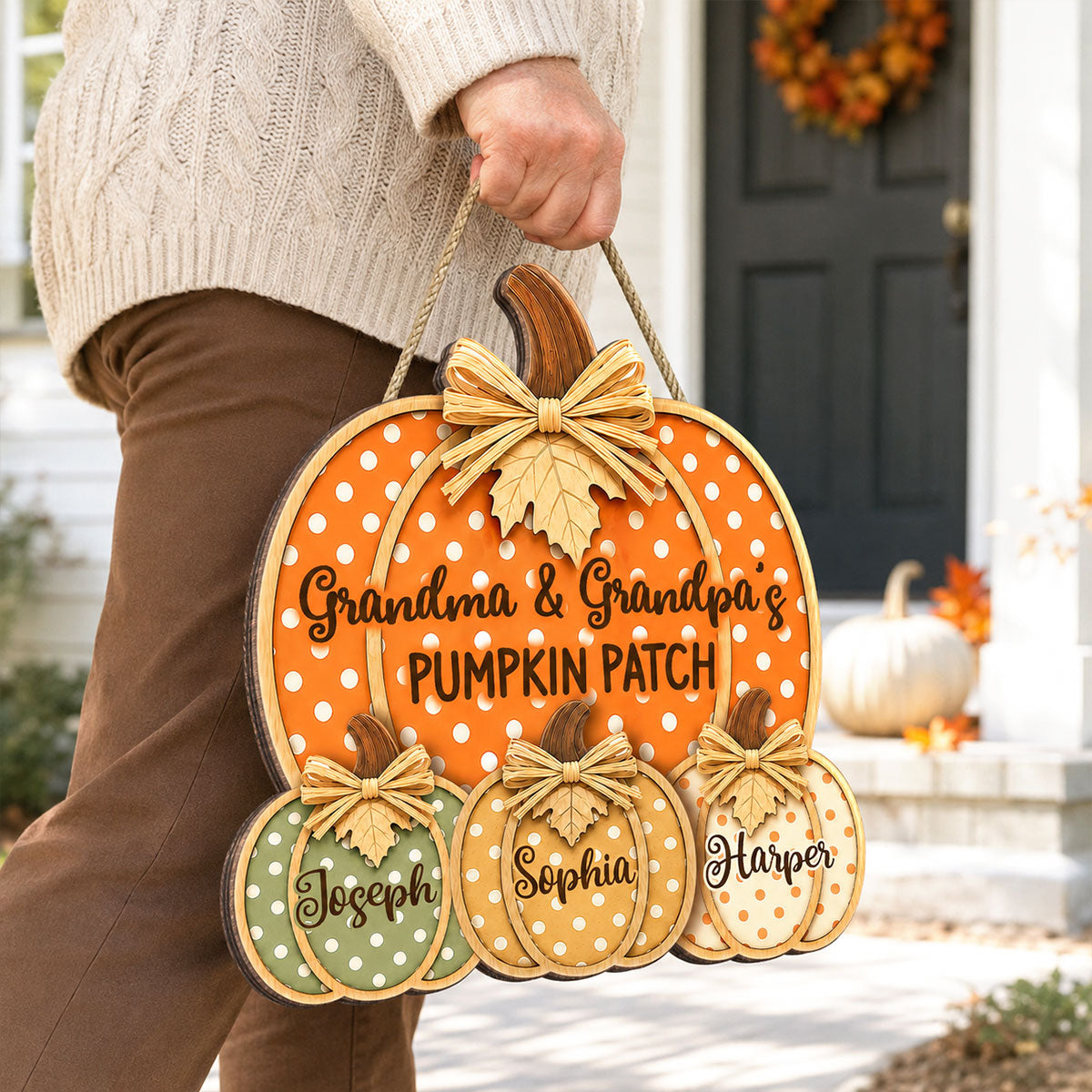 Grandma & Grandpa's Pumpkin Patch Polka Dot 2D Flat Printed - Personalized Door Hanger - Fall Season Decor For Grandparents
