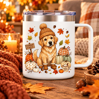 Custom Dog Photo Pumpkin Patch - Personalized Stainless Steel Tumbler With Handle - Fall Gift for Dog Moms, Cat Moms, Pet Lovers