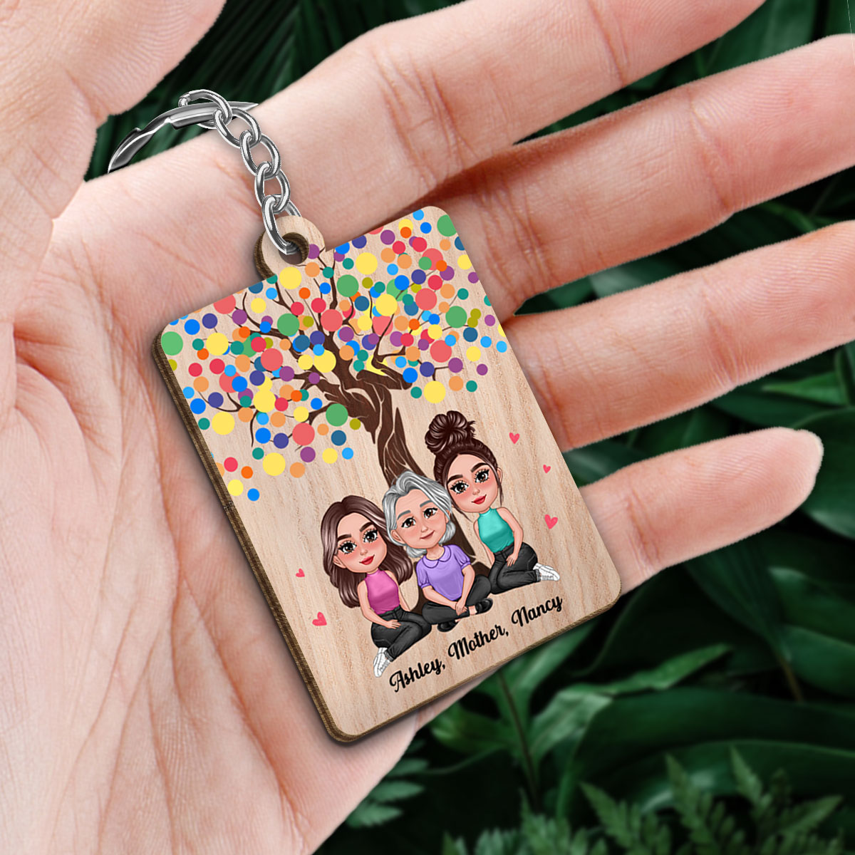 Pretty Doll Mother Daughters Under Tree Personalized Wooden Keychain