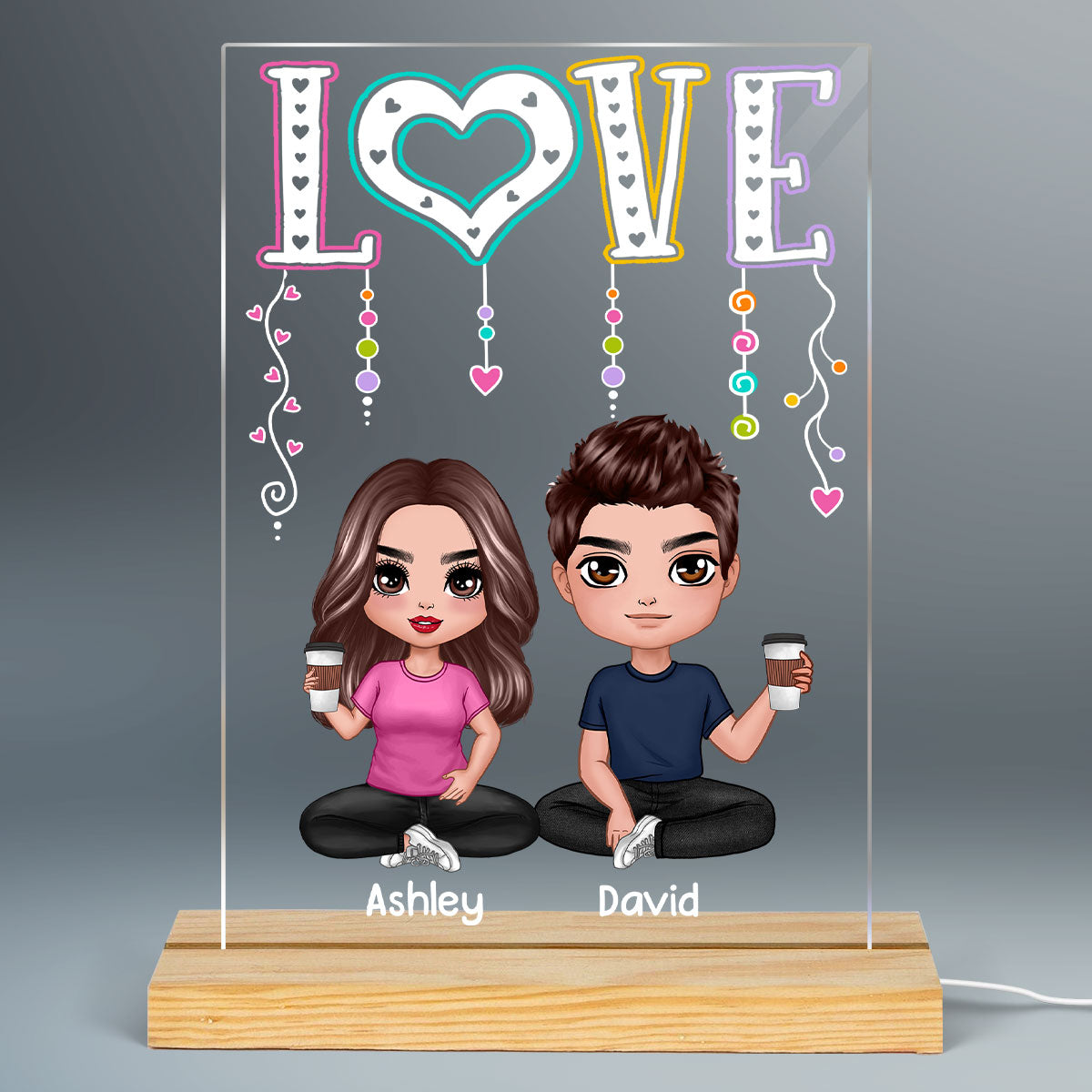 LOVE Happy Doll Couple Sitting Personalized Rectangle Acrylic Plaque LED Night Light