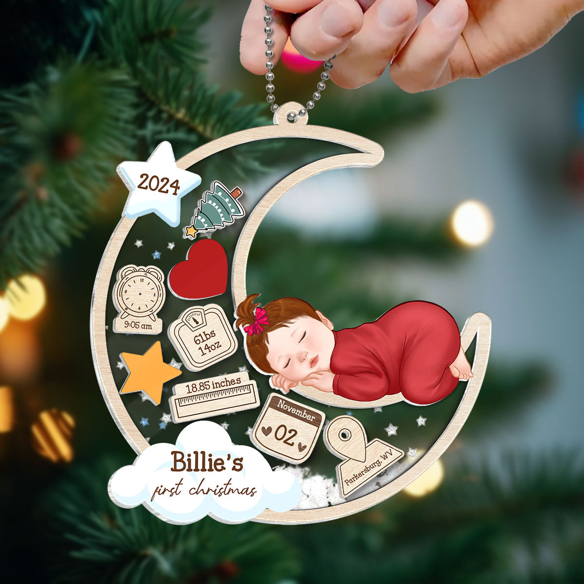 Baby Sleeping On Moon First Christmas Personalized 4D Shaker Ornament, Custom Newborn Gift