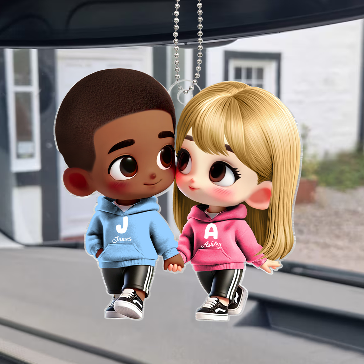 3D Effect Cute Cartoon Couple Holding Hands - Personalized Acrylic Car Hanger - Unique Valentine's Day Gift For Him, Gift For Her