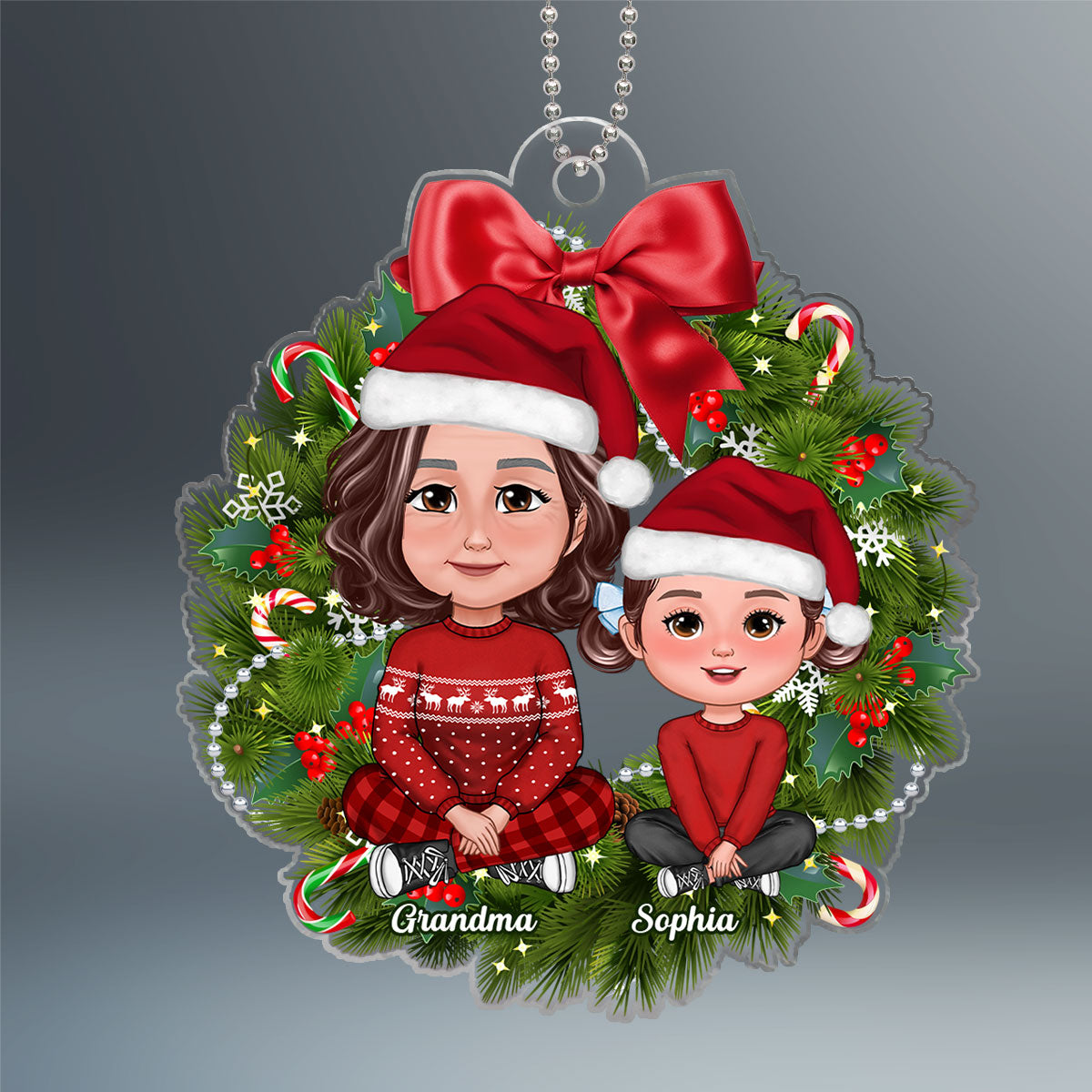 Grandma Grandkids Crossed Legs Sitting On Christmas Wreath Personalized Acrylic Ornament