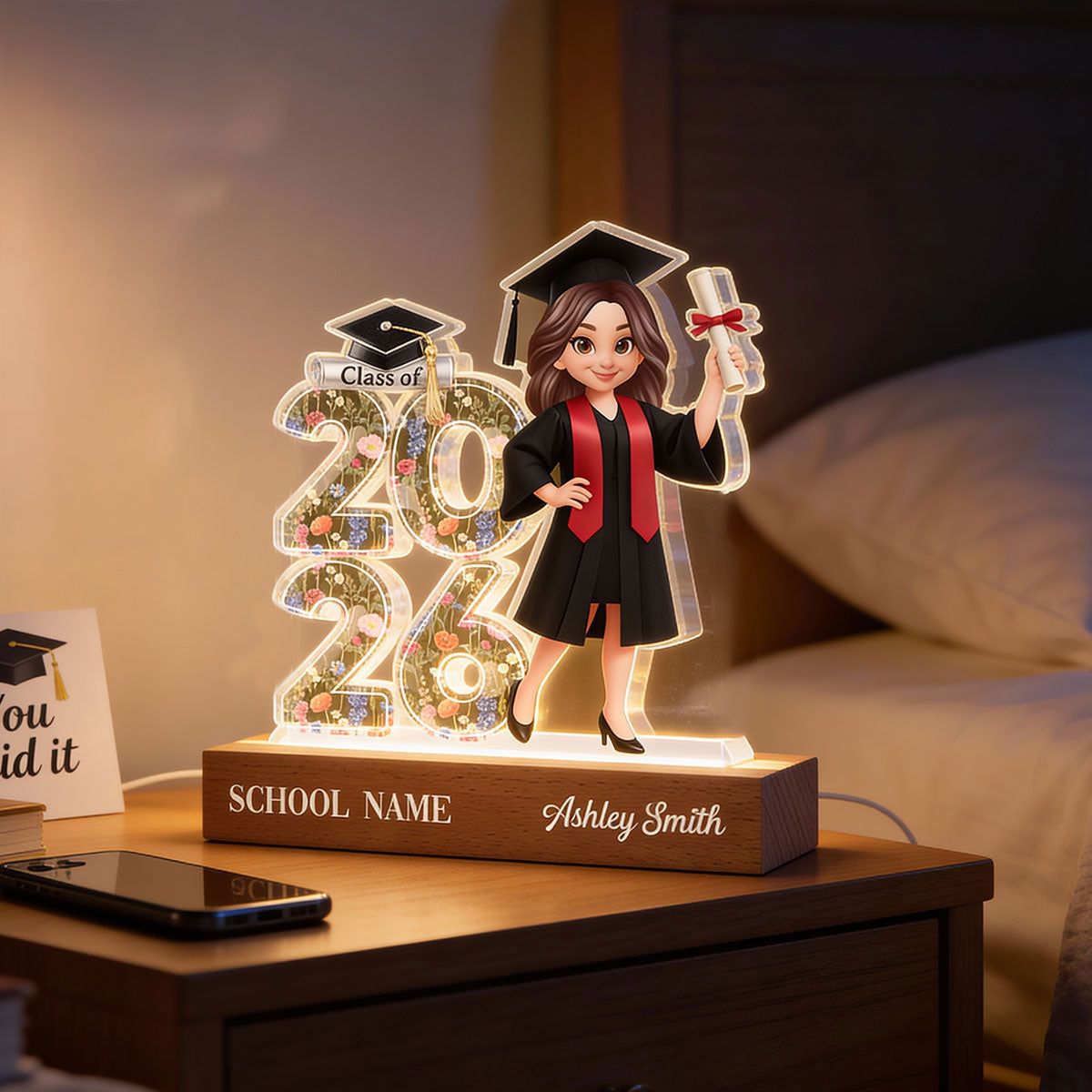 Class Of 2026 2027 Senior Floral - Personalized Acrylic Block LED Night Light - Graduation Gift For Graduates, Daughter
