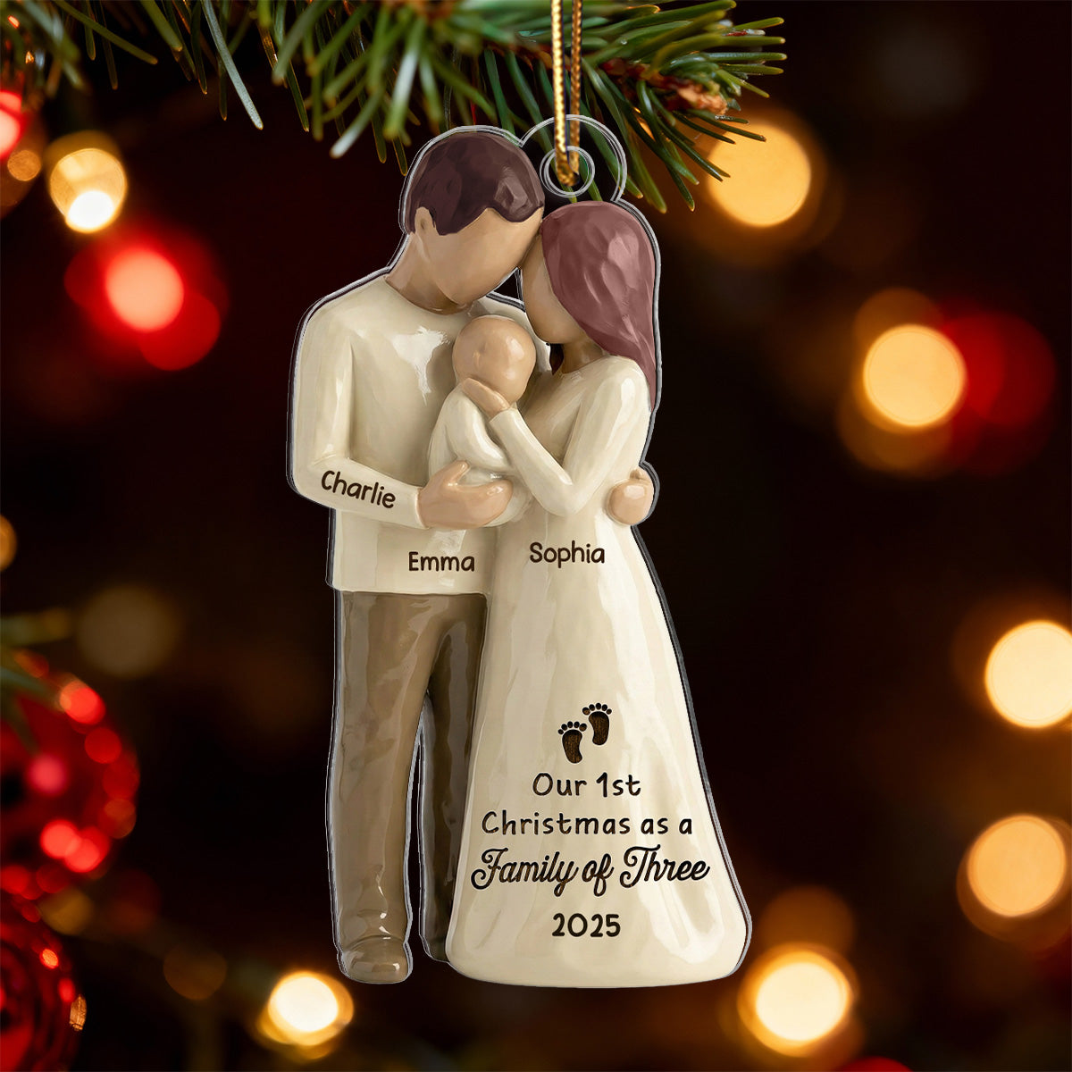 3D Effect First Christmas As Family Of Three Mom Dad & Baby - Personalized Acrylic Ornament