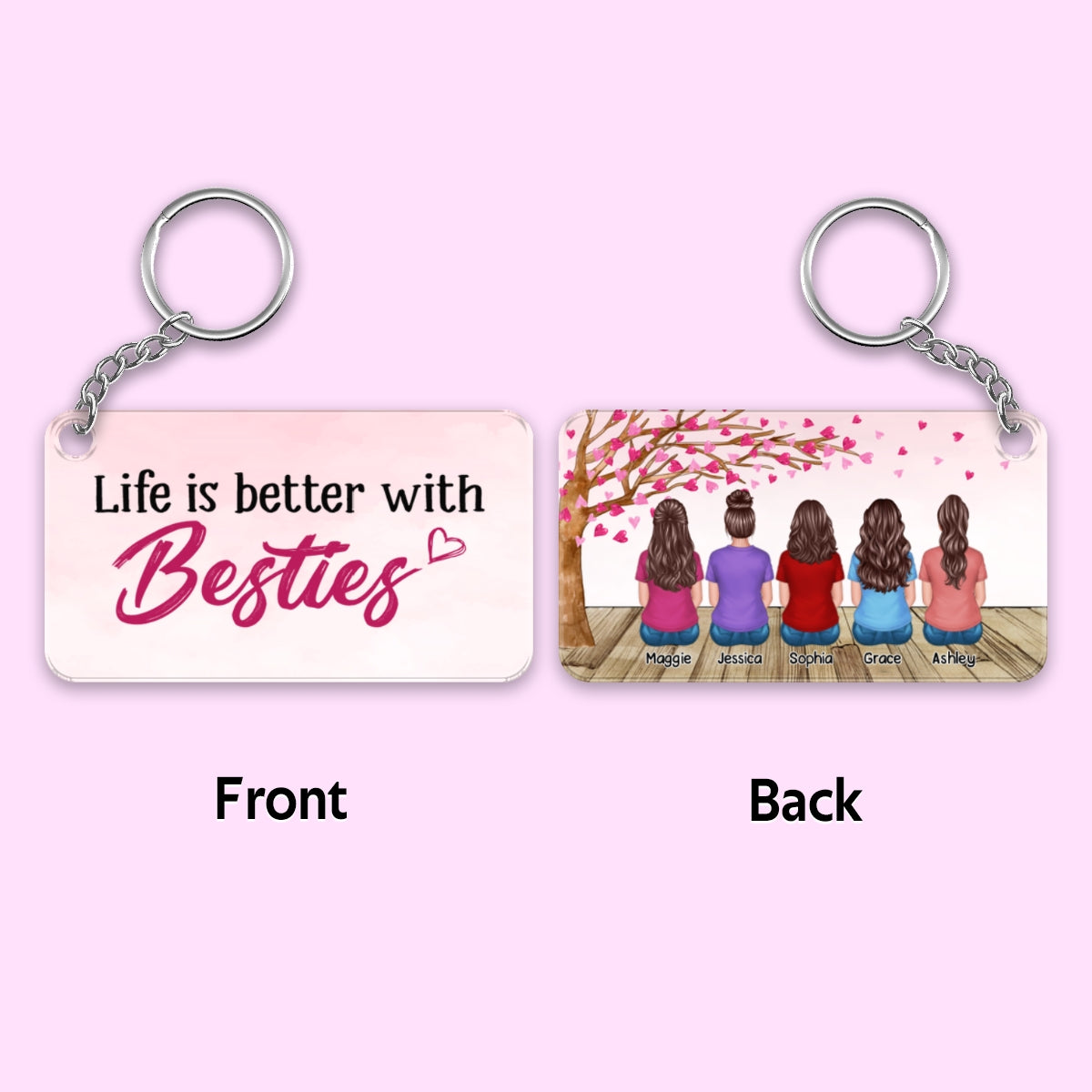 Besties Sisters Under The Pink Heart Tree Personalized Acrylic Keychain