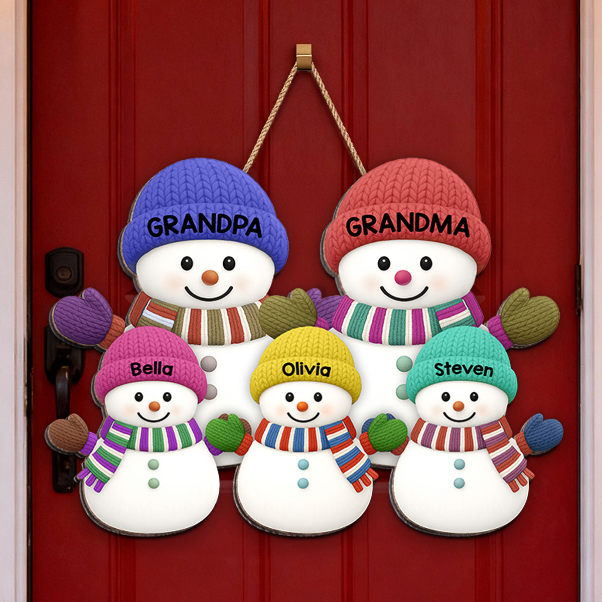Christmas Grandma Grandpa And Grandkids Snowman Together - Personalized Wood Sign
