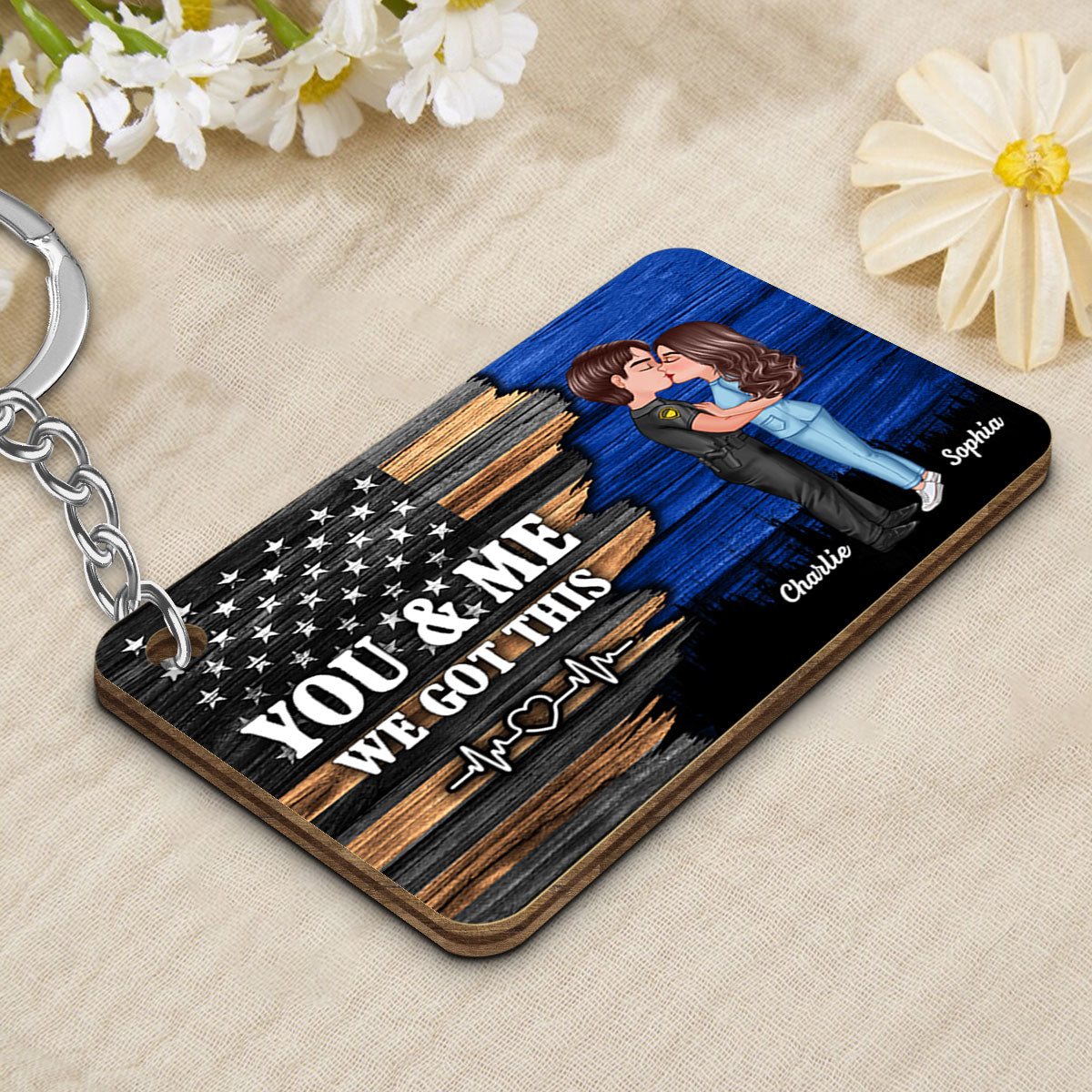 Hero Couple Kissing Half Flag Gift by Occupation Firefighter, Nurse, Police Officer Personalized Wooden Keychain