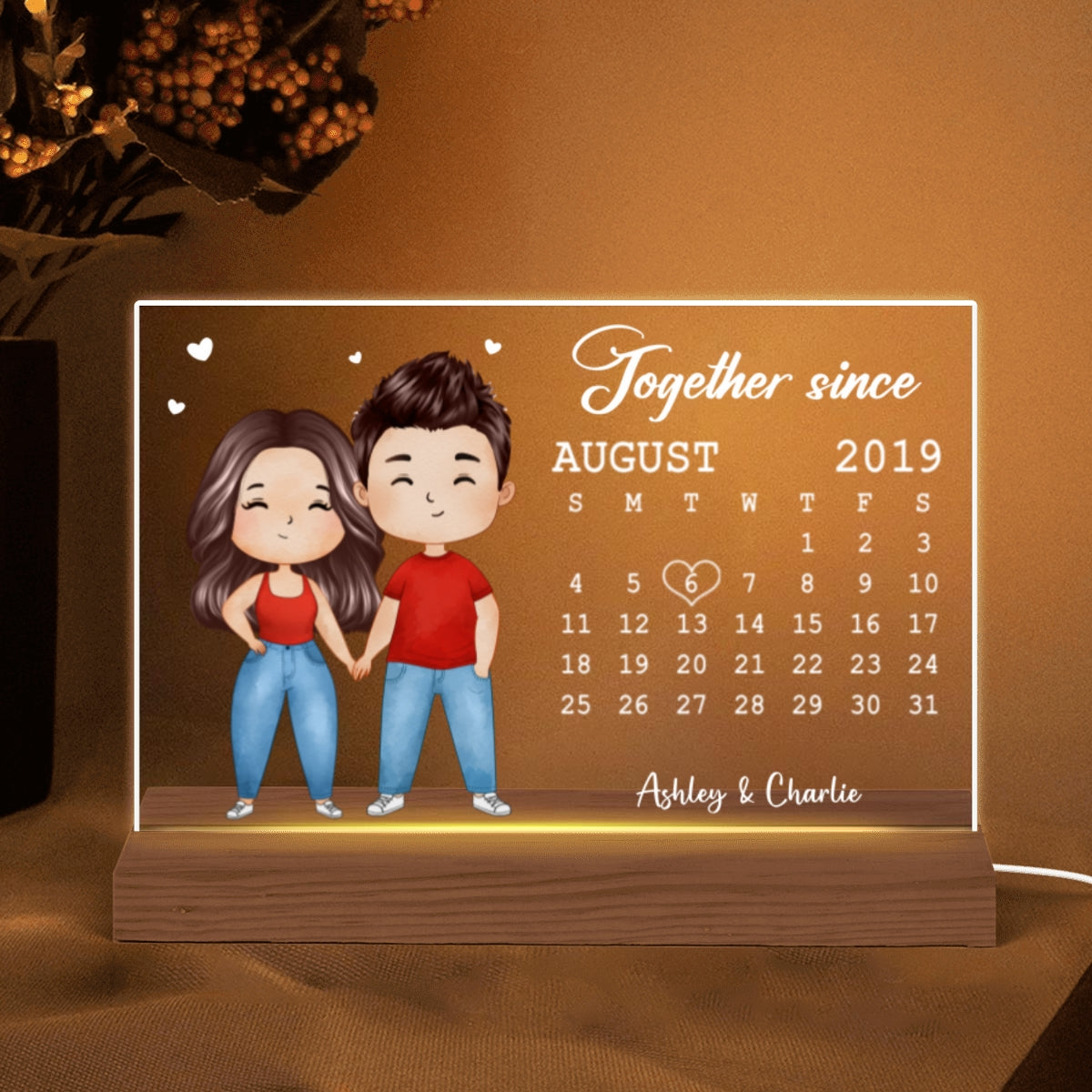 Cartoon Chibi Couple Anniversary Date Calendar Rectangle Personalized Custom Shape Acrylic Plaque With LED Night Light - Anniversary Gift For Couple - Gift For Him - Gift For Her