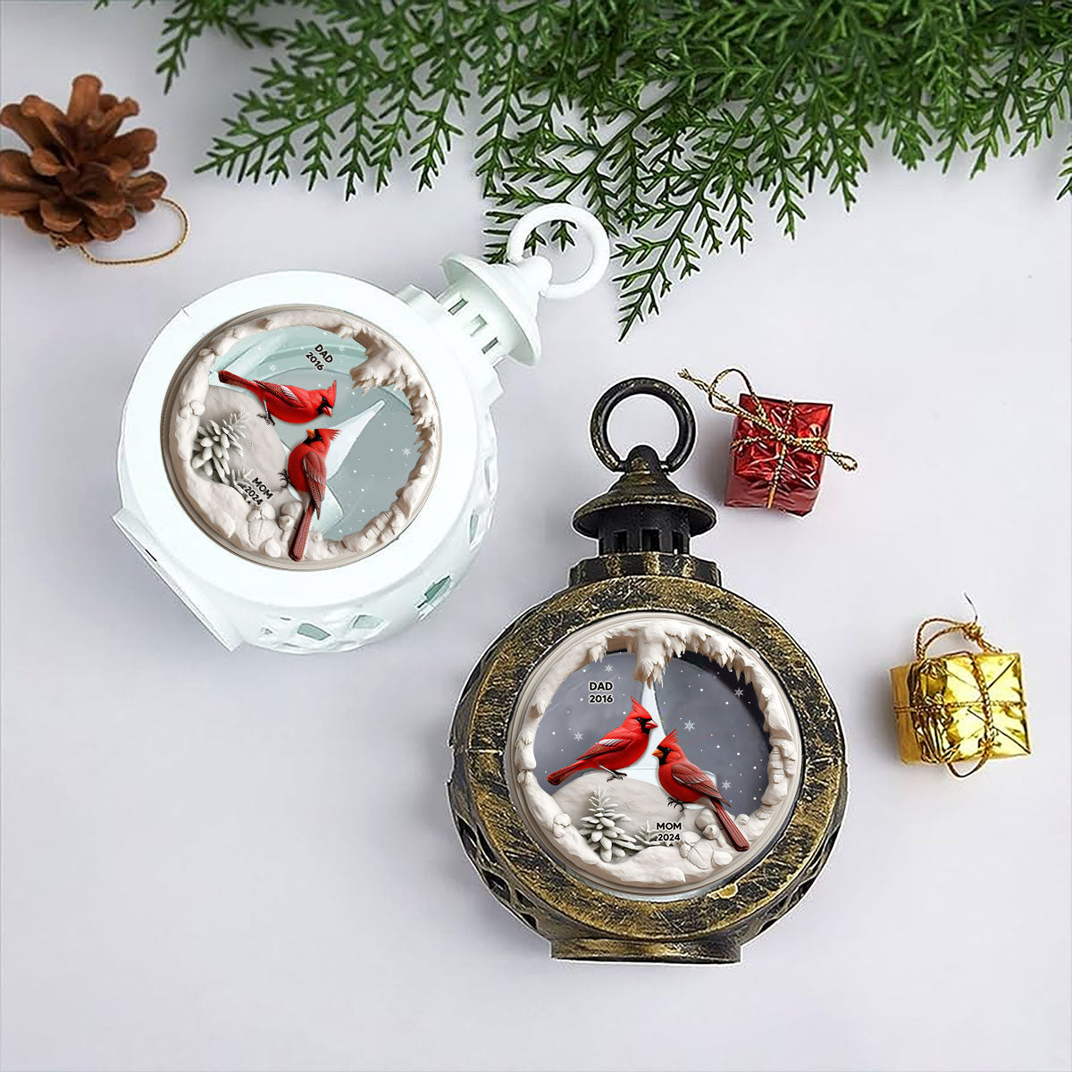 Cardinals In Winter Cave Christmas Personalized Lantern Ornament, Remembrance Gift, Sympathy Gift