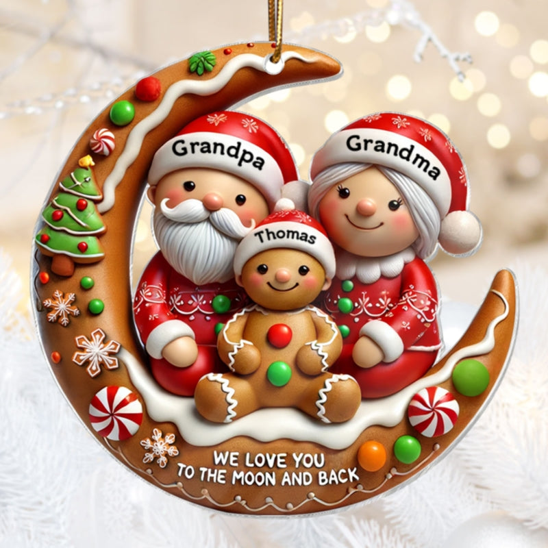 3D Effect Gingerbread Grandma Grandpa Hugging Grandkid On Moon Christmas Personalized Acrylic Ornament, Gift For Granddaughter, Grandson