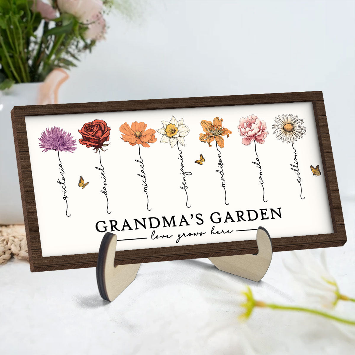 Love Grows Here Grandma's Garden Birth Month Flowers 2-Layer Wooden Plaque, Gift for Grandma, for Mom