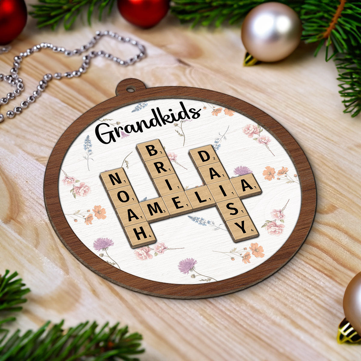 Grandkids Grandma's Garden Crossword Puzzle Art Birth Month Flower Personalized 2-Layer Wooden Ornament