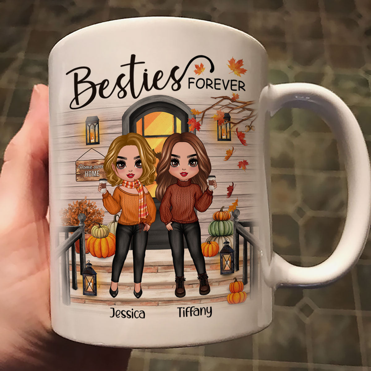 Fall Season Standing Best Friends Sisters Front Porch Personalized Mug