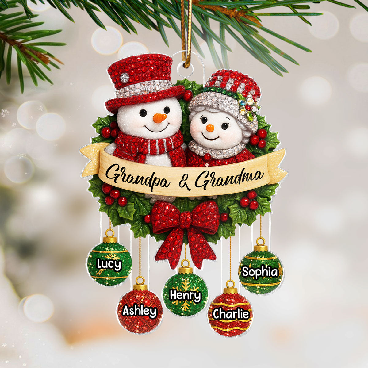 Snowman Grandparents on Christmas Wreath 3D Crystal Effect - Personalized Acrylic Ornament - Christmas Gift for Grandma, Grandpa